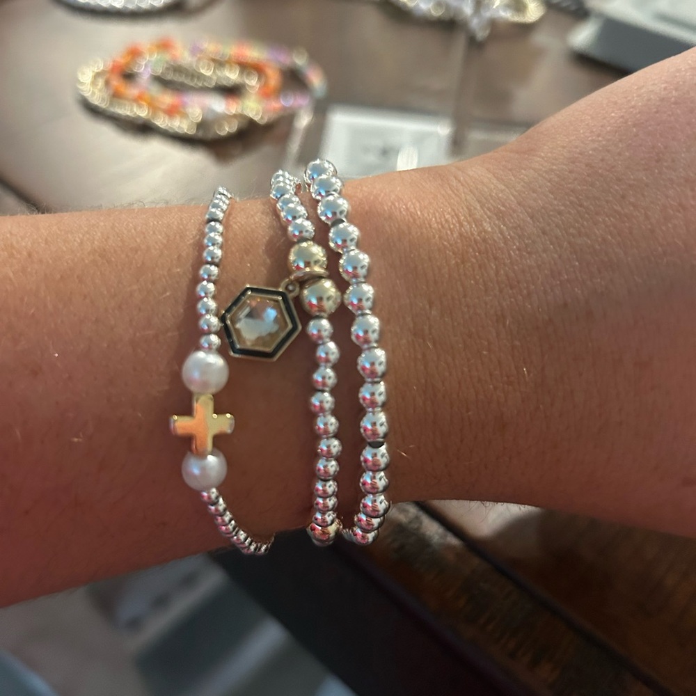 Silver Beaded Bracelet Set with Pearl and Charm